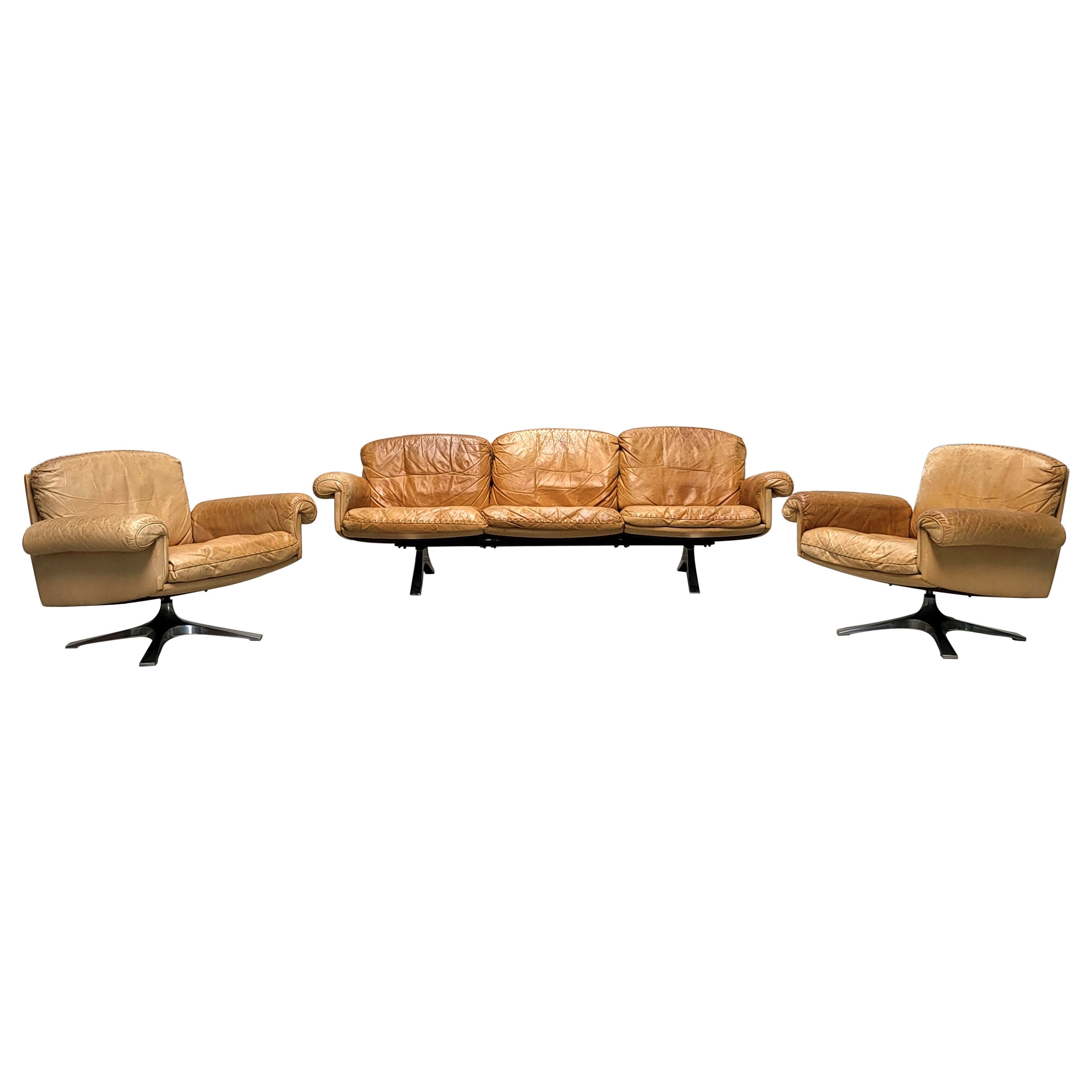 Vintage De Sede DS31 Sofa & 2x DS31 Loungesessel Cognac, Cognac  1970s