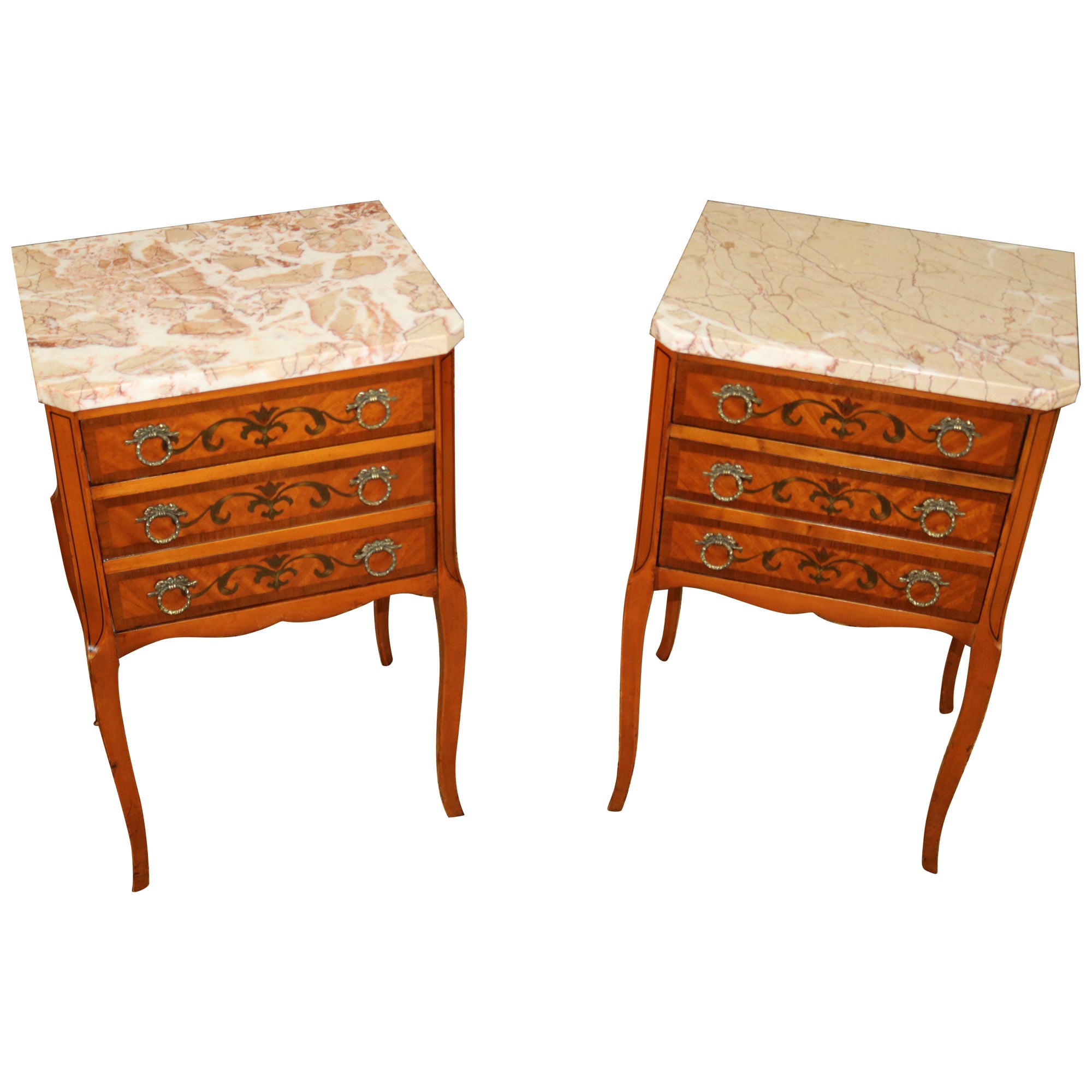 Gorgeous Pair of French Louis XV Style Satinwood Marble Top Nightstands  For Sale