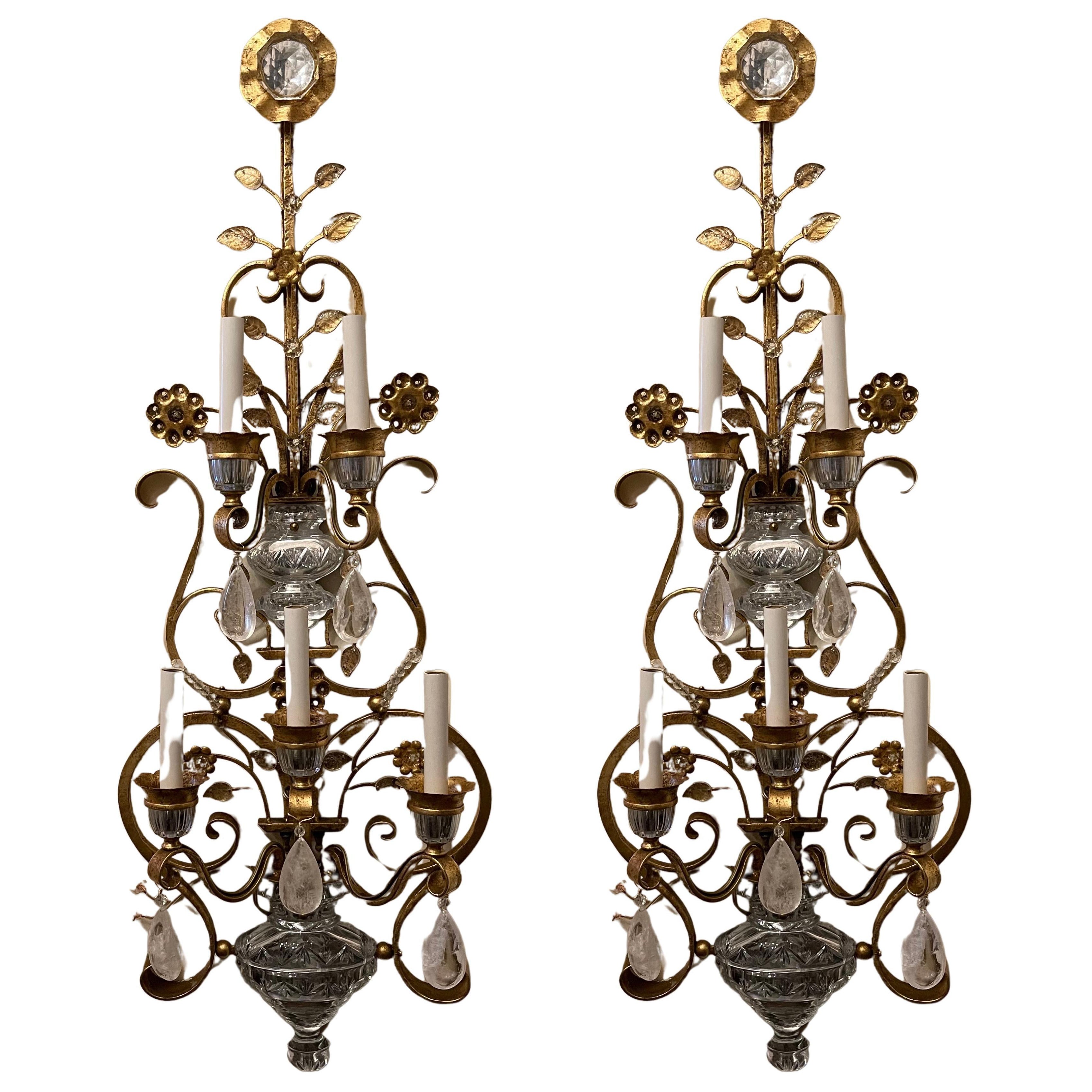 Wonderful Large Pair Italian Rock Crystal Baguès Urn Flower Gold Gilt Sconces For Sale