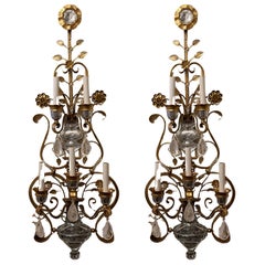 Wonderful Large Pair Italian Rock Crystal Baguès Urn Flower Gold Gilt Sconces