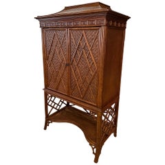 Vintage Rattan Woven Faux Bamboo Pagoda Bar Cabinet Armoire Chinese Chippendale 