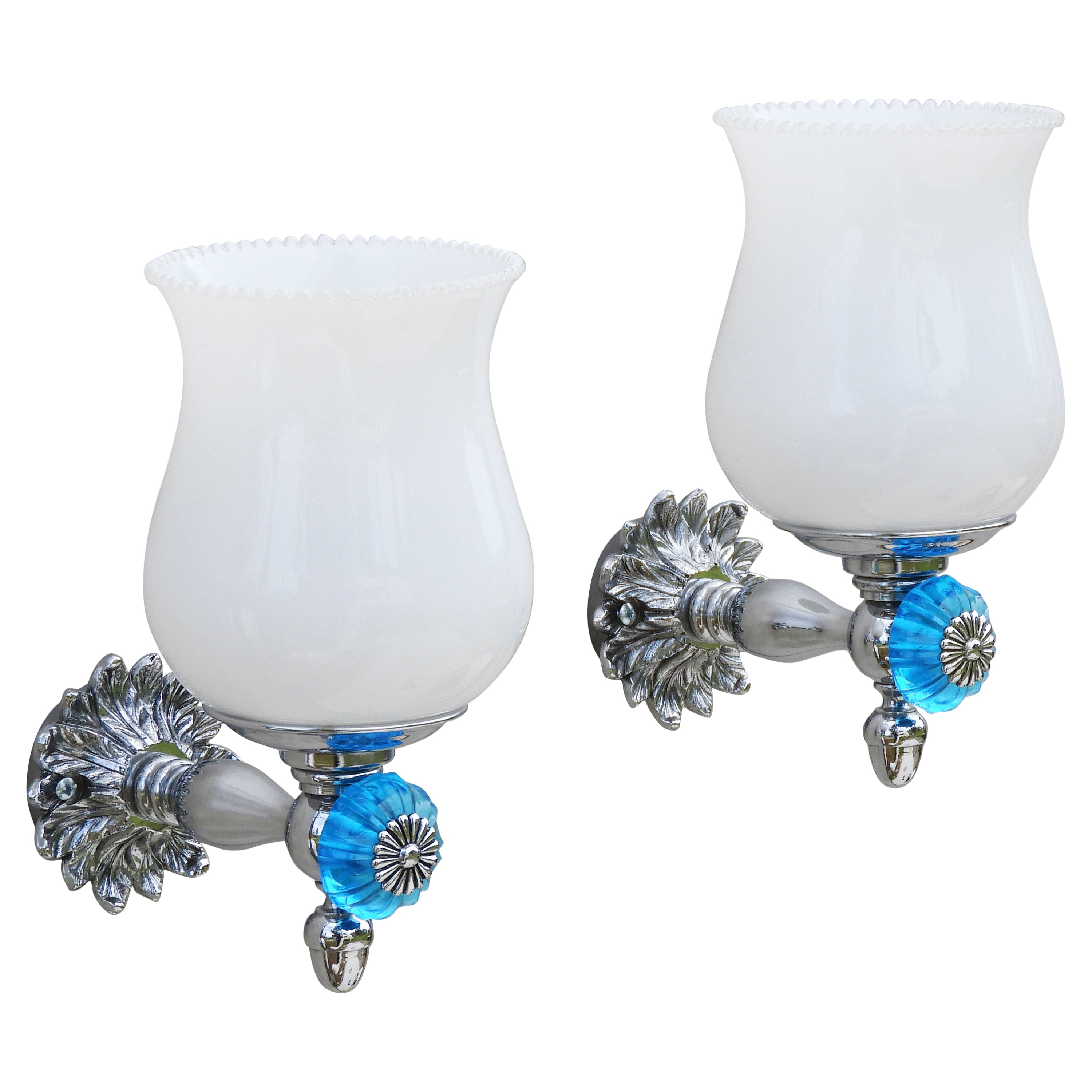 French Blue Glass Flower Wall Light Sconces in Chrome and Opaline C1960s