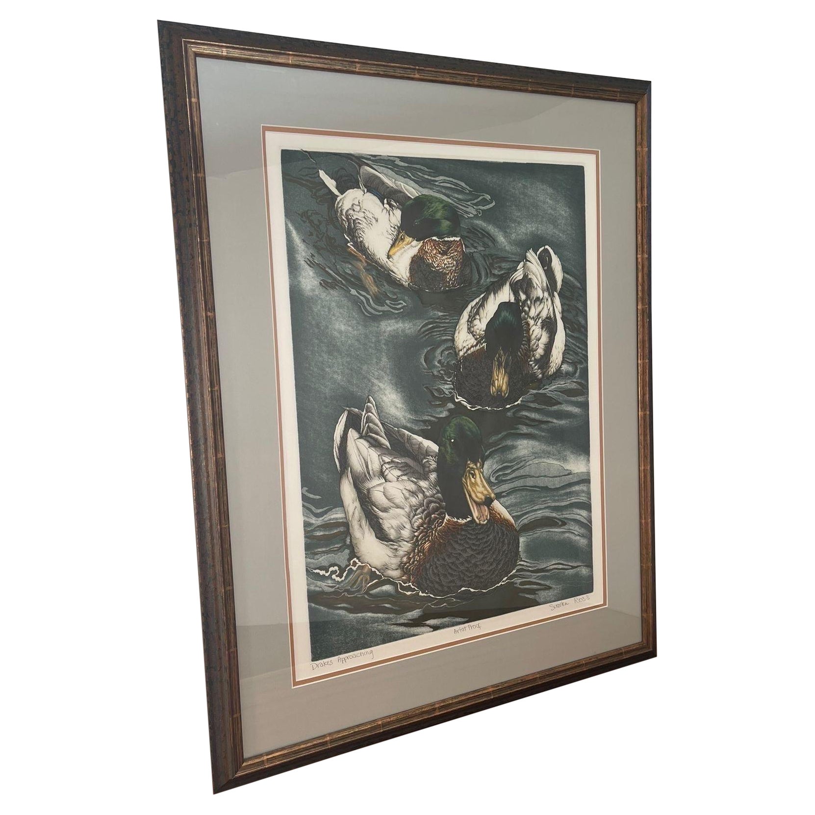 Impression d'art vintage encadrée intitulée Drakes Approaching par Suellen Ross en vente