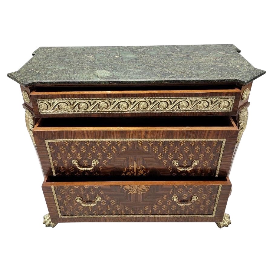 Antique French Empire Style Marquetry Inlay Chest Commode