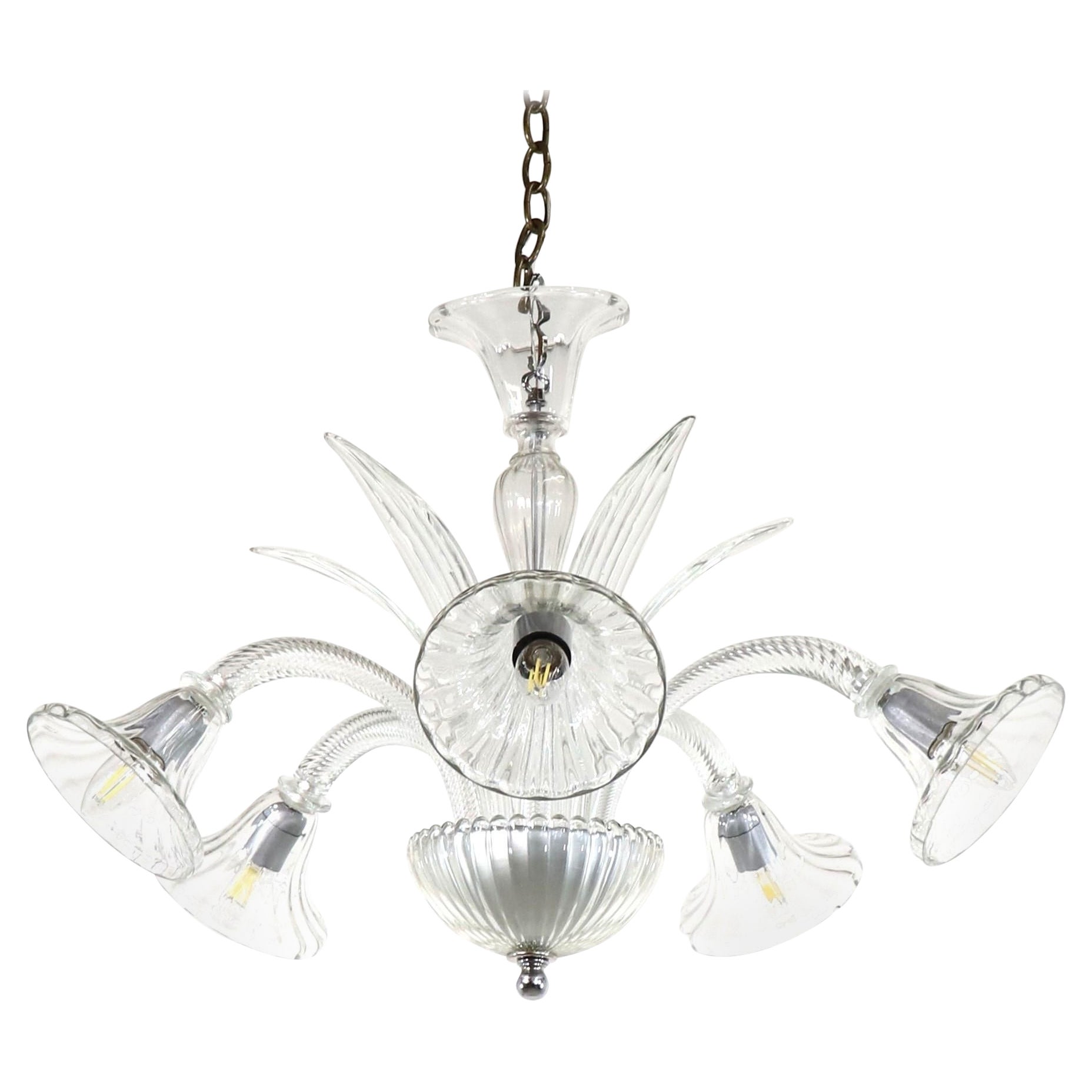 Mid-Century Five Arm Ribbed and Scalloped Cristallo Murano Chandelier