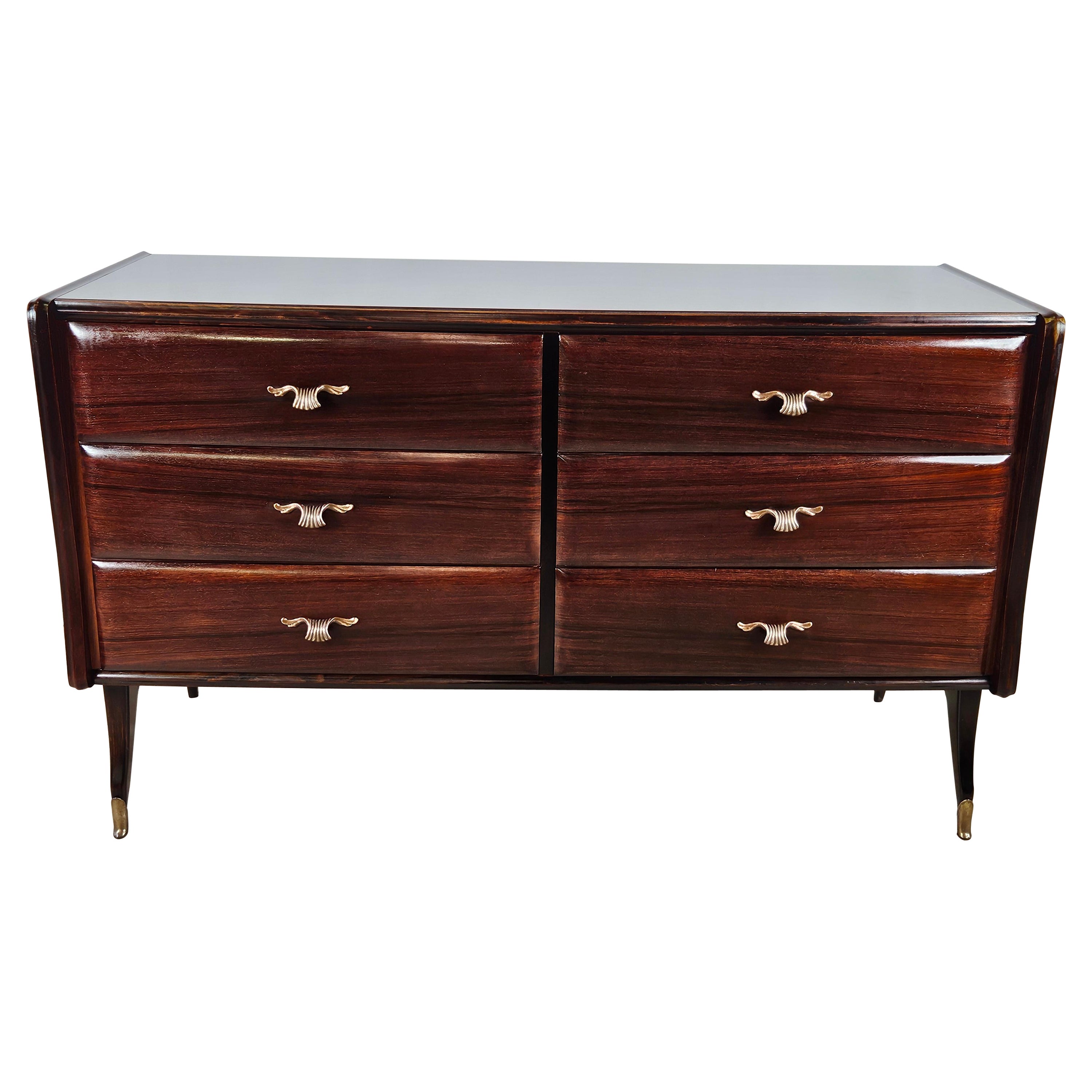 Mahogany chest of drawers with burgundy glass top 1950s For Sale