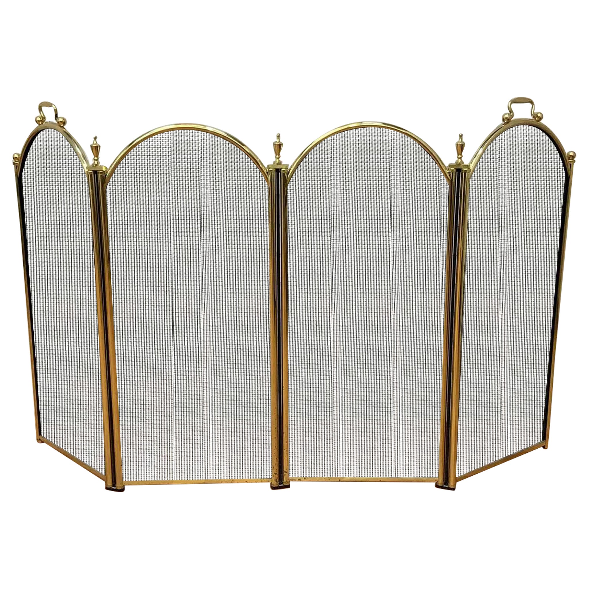 Vintage Mid Century Mesh with Brass Ball Handles & Finials Folding Hearth Screen For Sale