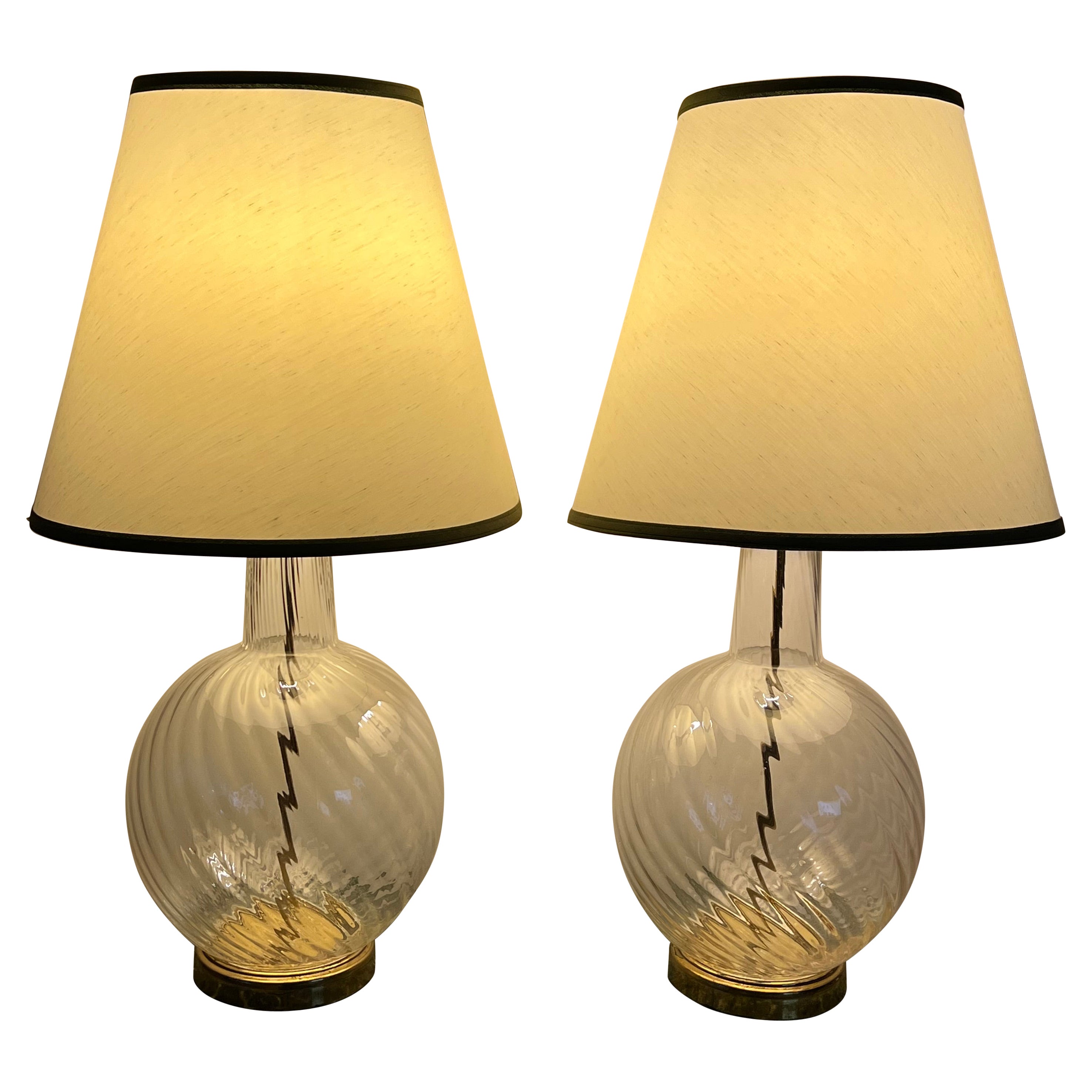 A Pair Of Clear Glass Lamps Murano 1960's