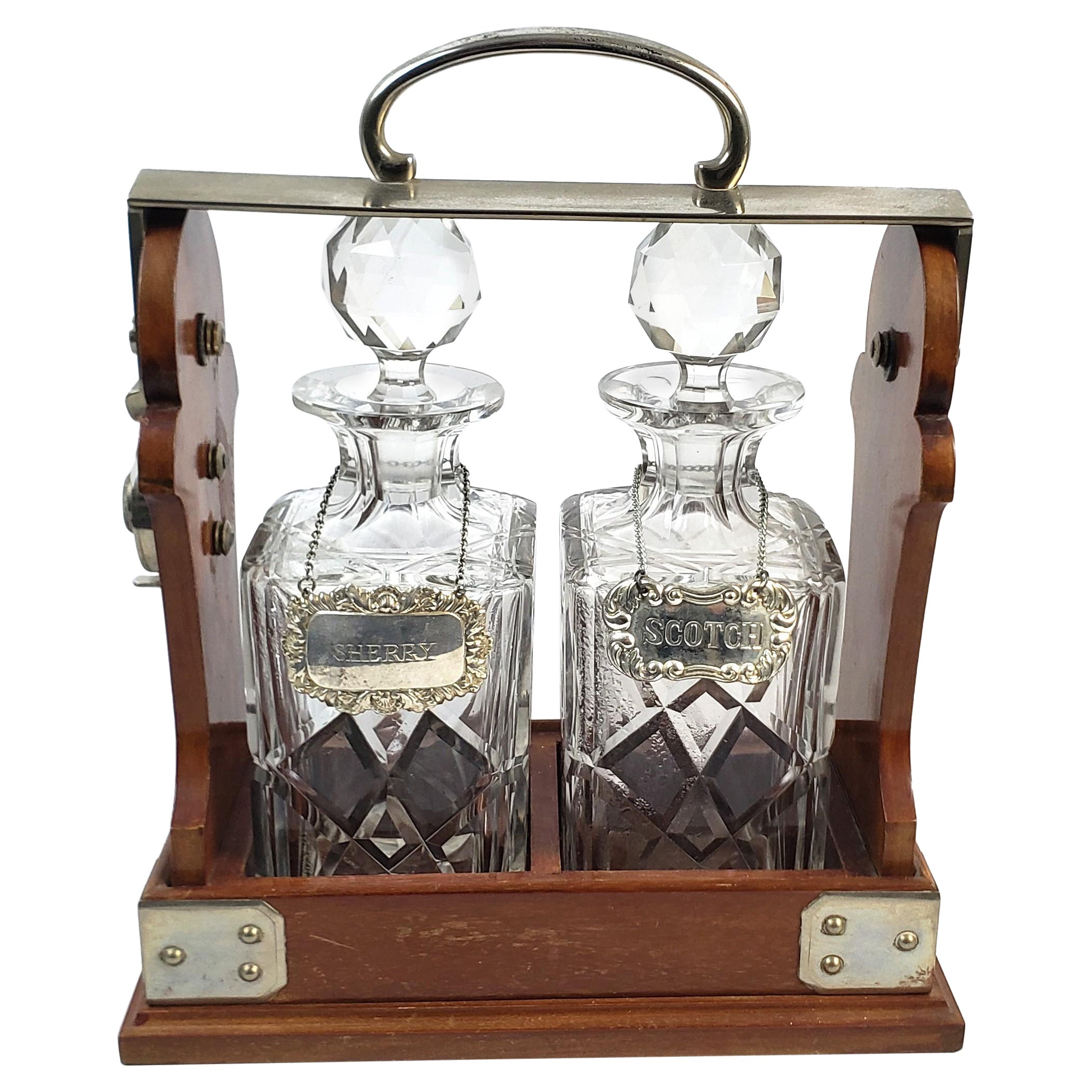 Antique English Edwardian Two Bottle Walnut & Silver Plated Tantalus For Sale