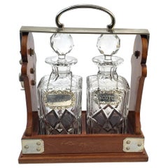 Antique English Edwardian Two Bottle Walnut & Silver Plated Tantalus