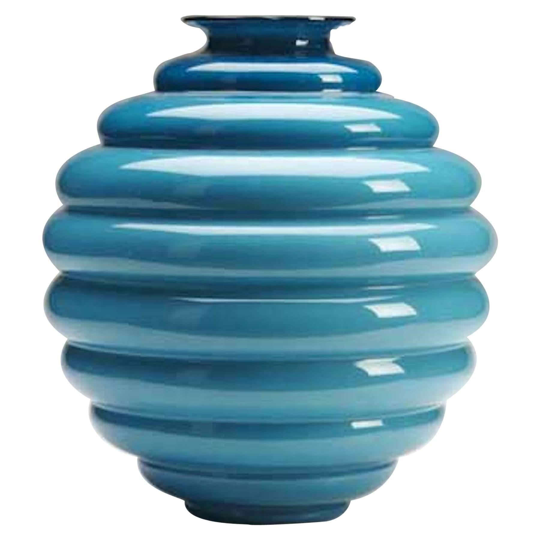  Venini Glass Vase Murano Blue Beehive Signed Italy 1990's