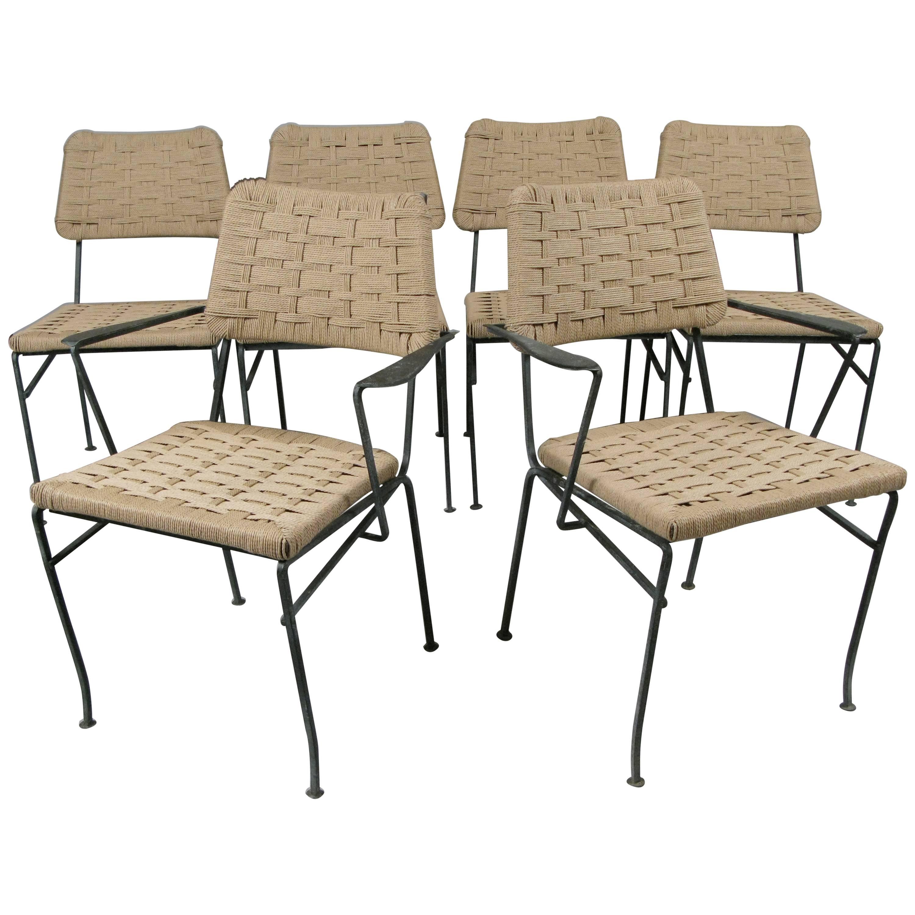 Set of Six Rare 1950s Iron and Woven Chairs by Salterini