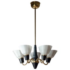 Vintage Swedish Brass And Striped Glass Chandelier, 1950s