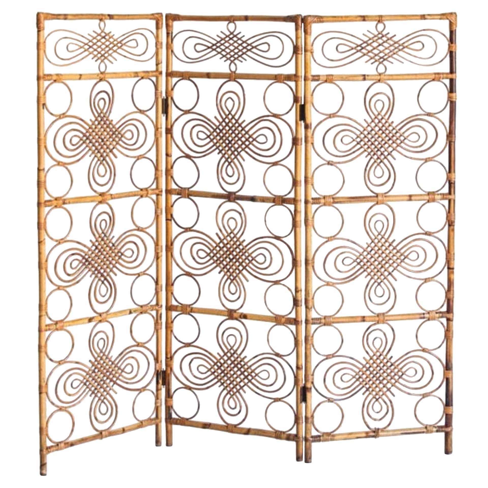 1960s French Three-Panel Bamboo Wicker Rattan Folding Screen.