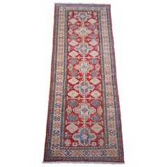 Tapis de course vintage pakistanais géométrique Kazak 100 % laine rouge 2,5' x 7'