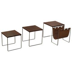 Rosewood Nesting Tables with Leather Magazine Rack