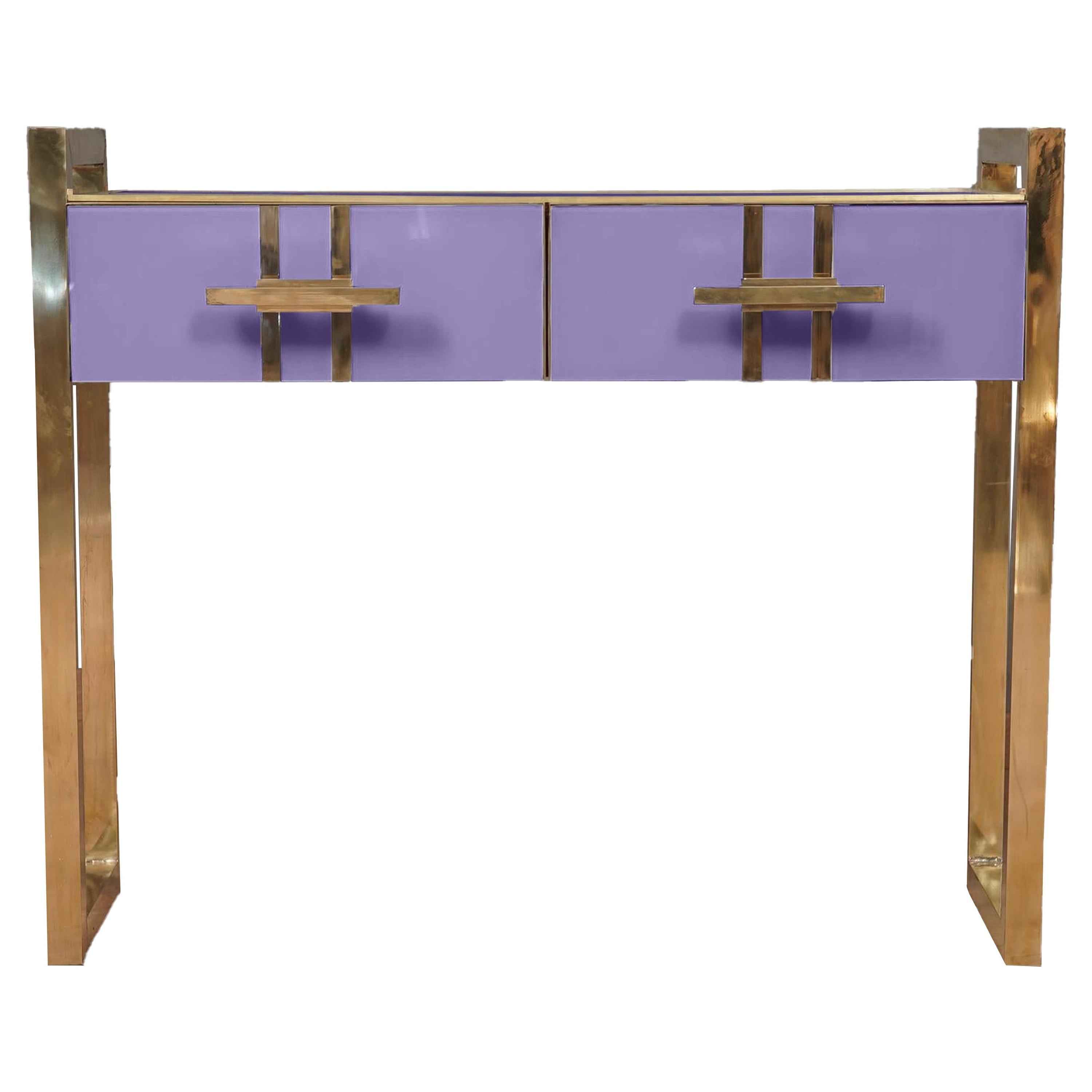 Table console en verre de Murano violet personnalisée avec pieds en laiton disponible en vente