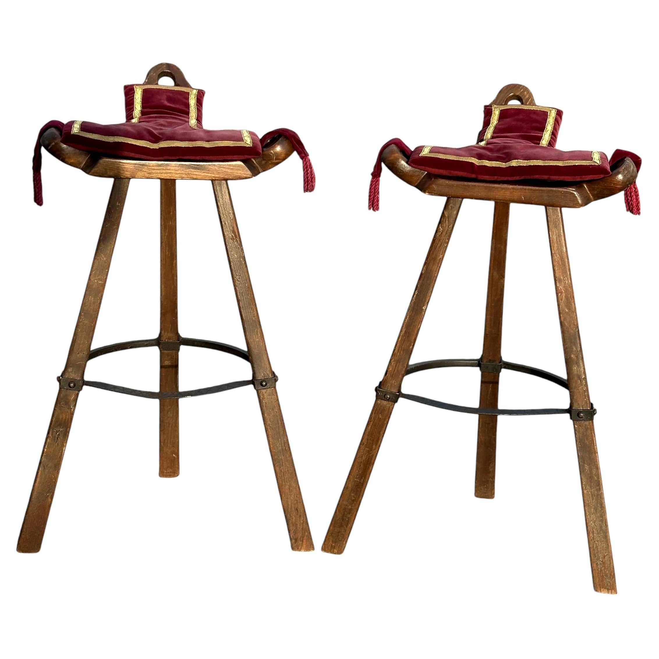 Set of Two Brutalist Bull Barstools Marbella with original Cushion, 1970s For Sale