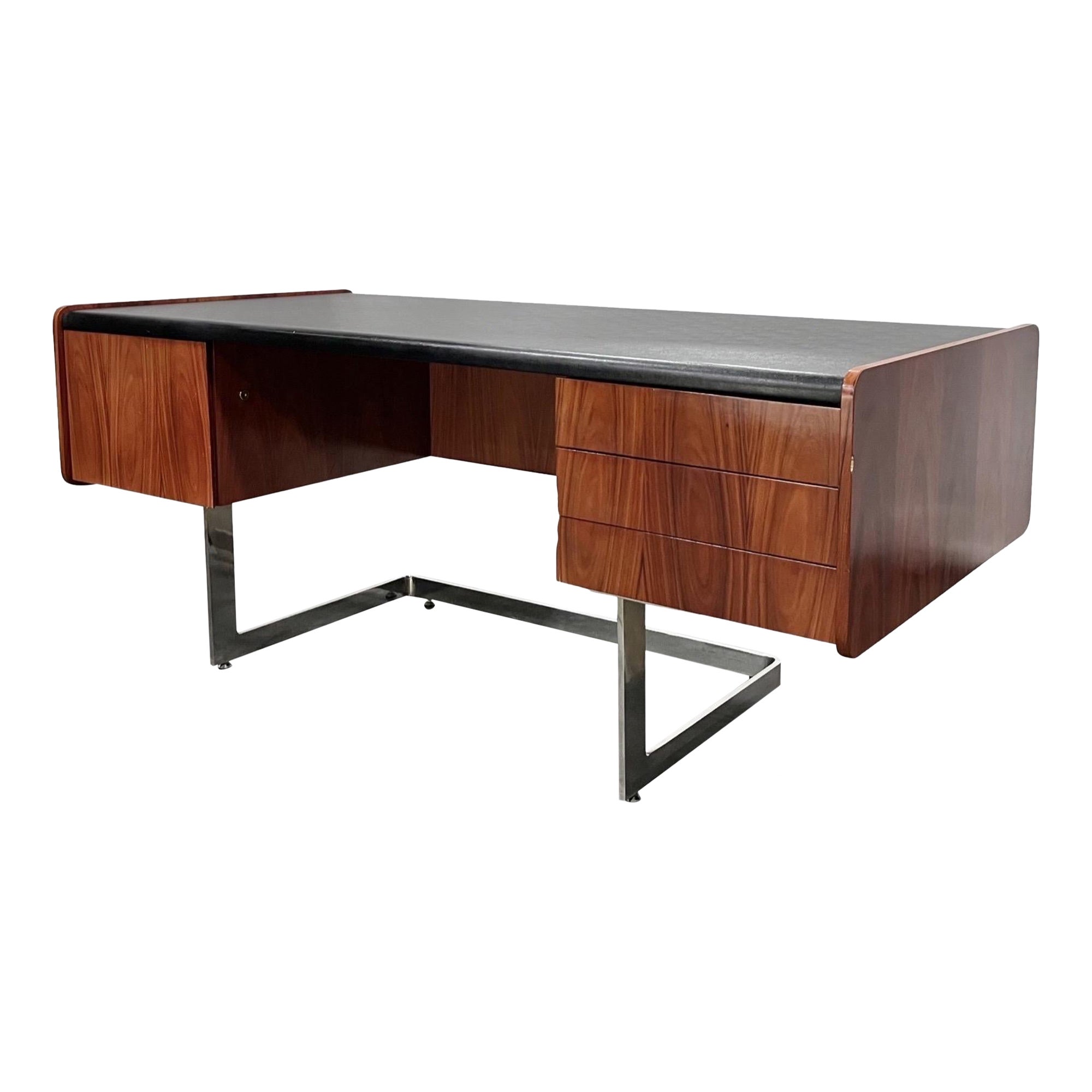 Ste Marie and Laurent Mid Century Modern Rosewood and Chrome Executive Desk For Sale