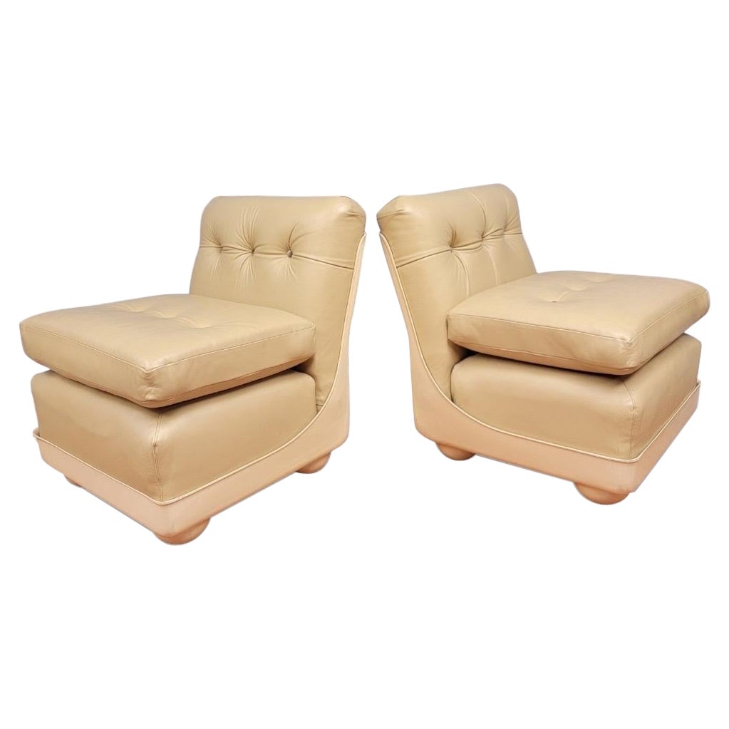 Mid Century Modern Mario Bellini Style Fiberglass Shell Leather Lounges - Pair