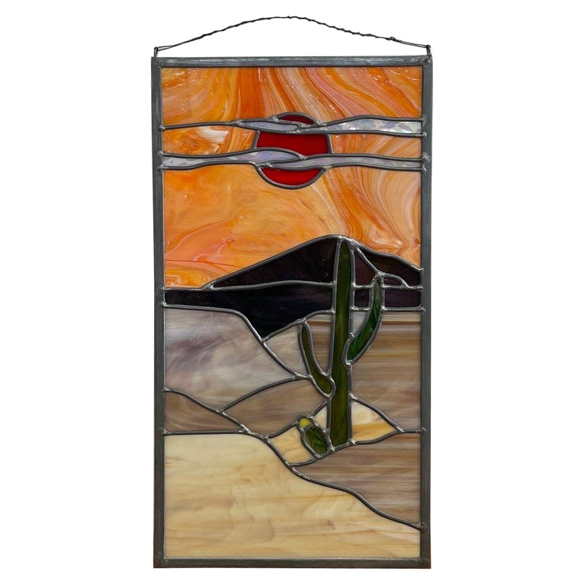 Vintage Stained Glass Wall Art of Scenic Desert Landscape en vente