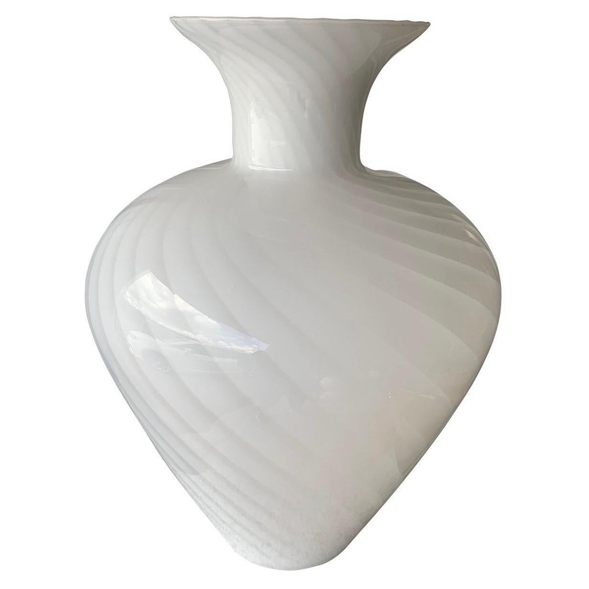 Post-Modern Vintage White Swirl Murano Style Hand Blown Glass Extra Large Vase For Sale