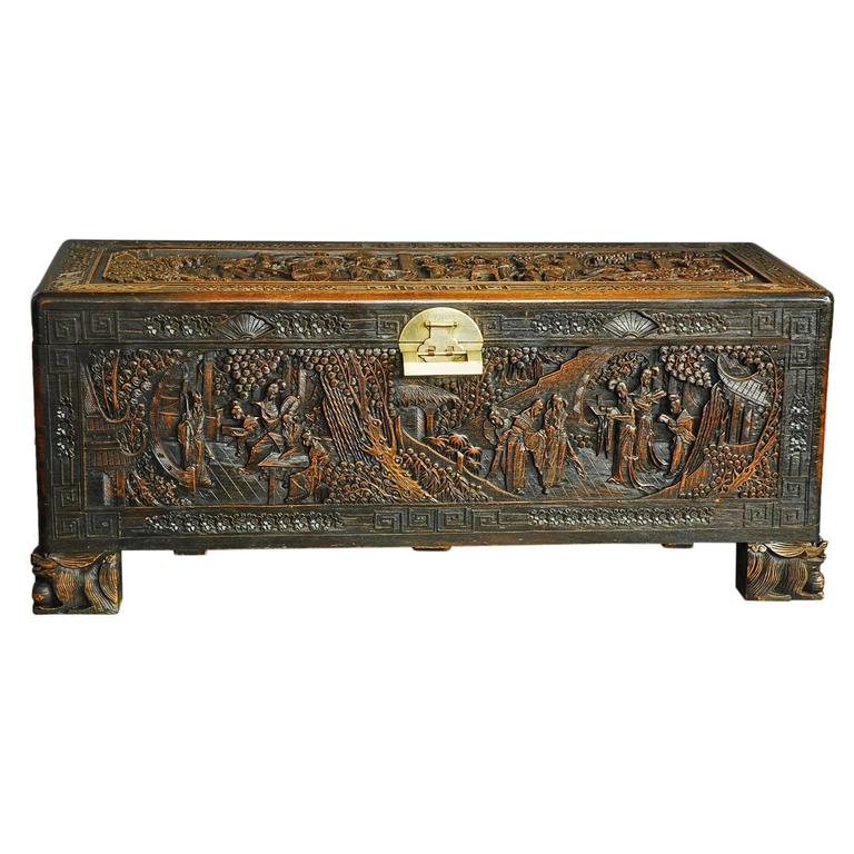 Large Superbly Carved Chinese Camphor Wood Chest at 1stdibs