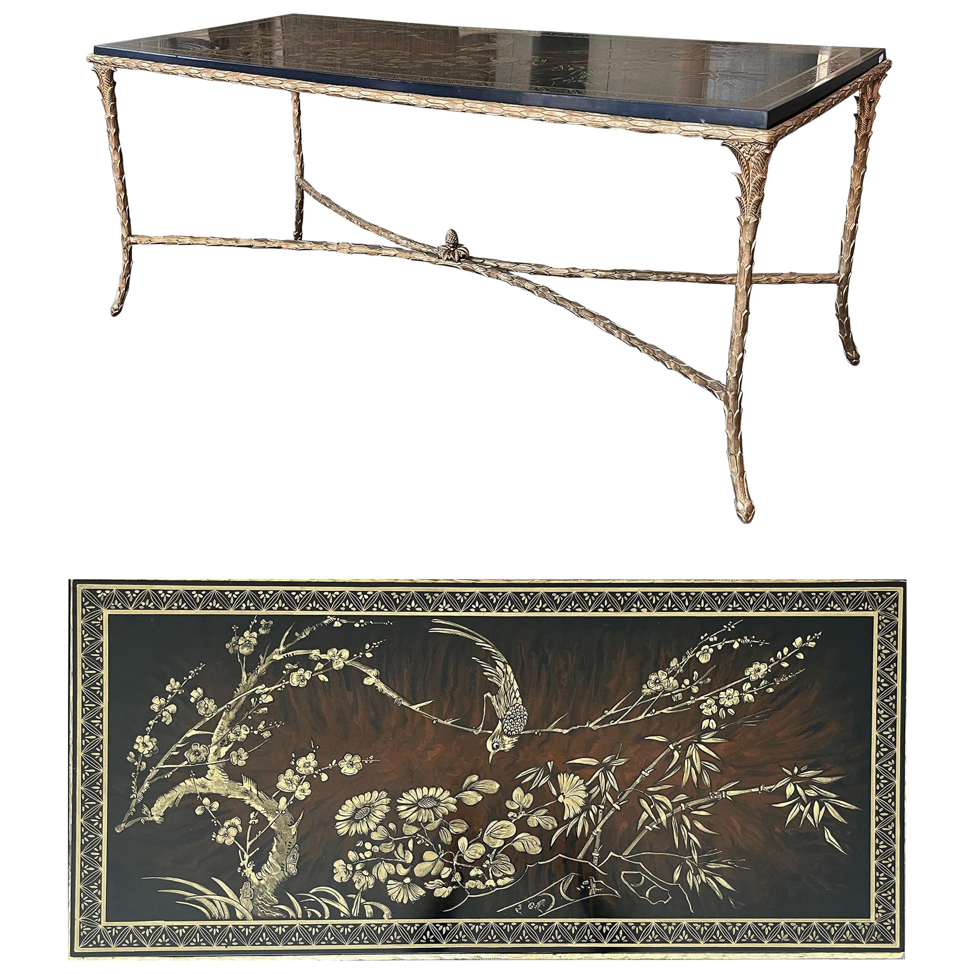 Maison Charles Coffee Table in Bronze with a Asian Lacquered Top, 1960 For Sale