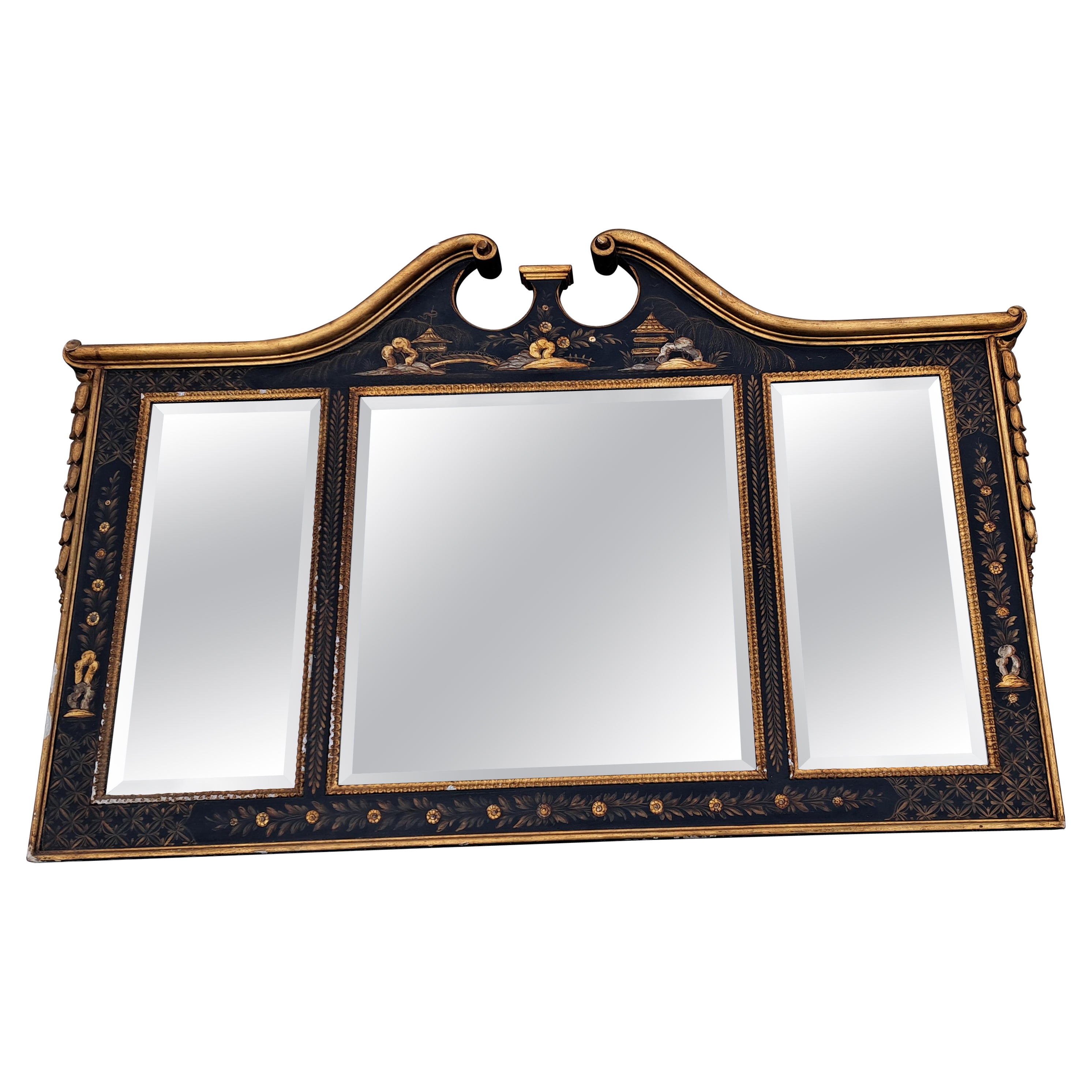 Vintage LaBarge Three Panel Chinoiserie Beveled Mirror For Sale