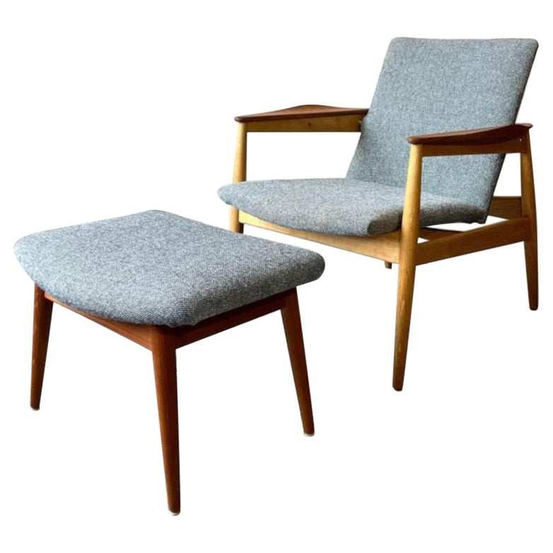 1950s Danish Teak and Oak Lounge Chair and Ottoman Stool For Sale