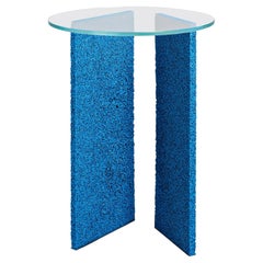 SLAB Textured Blue Side Table with Metal Legs and Glass Top