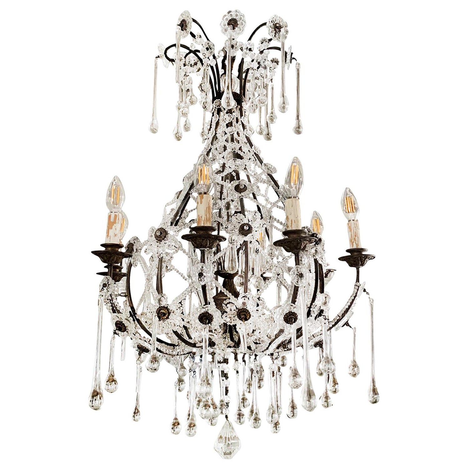 20th Century French Crystal Glass Teardrop Chandelier, Art Deco Ceiling Light For Sale