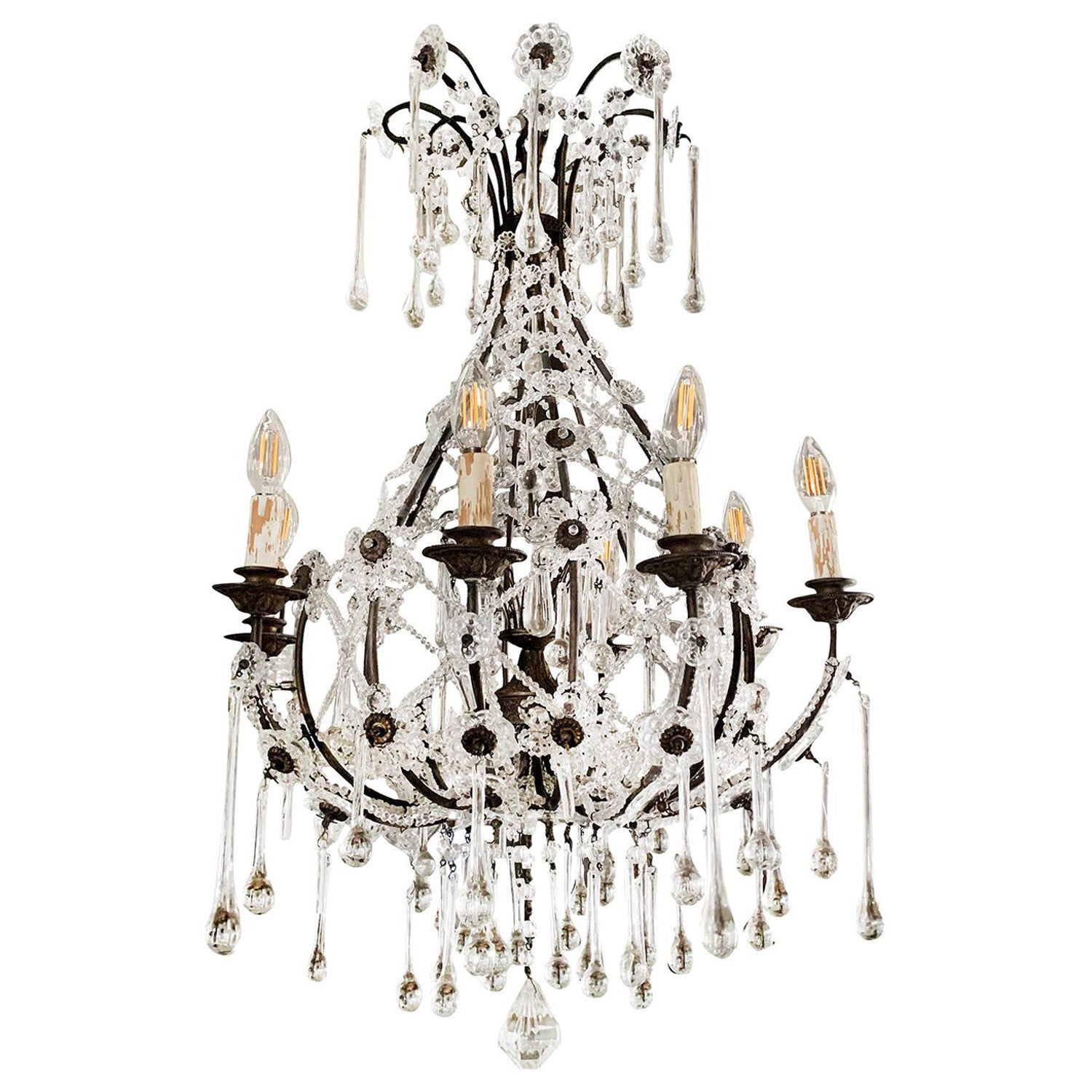 20th Century French Crystal Glass Teardrop Chandelier, Art Deco Ceiling Light