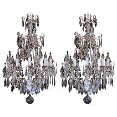 French Pair of Louis XV Style Silver Plate and Chrystal Chandeliers