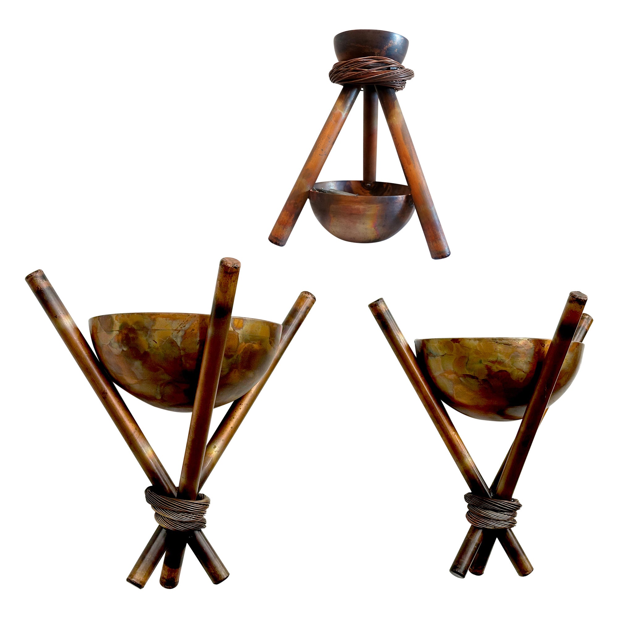 Larry Lubow Set of Copper Tripod Wall Sconces and Pendant, Pearl Finish For Sale