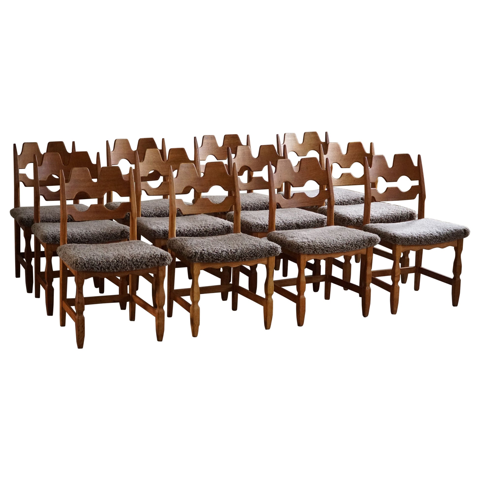 Set of 12 Henning Kjærnulf "Razorblade" Chairs in Oak & Lambswool, 1960s For Sale