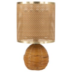 Retro Midcentury Rattan, Wicker and Chrome Table Lamp by Vivai Del Sud, Italy 1970s