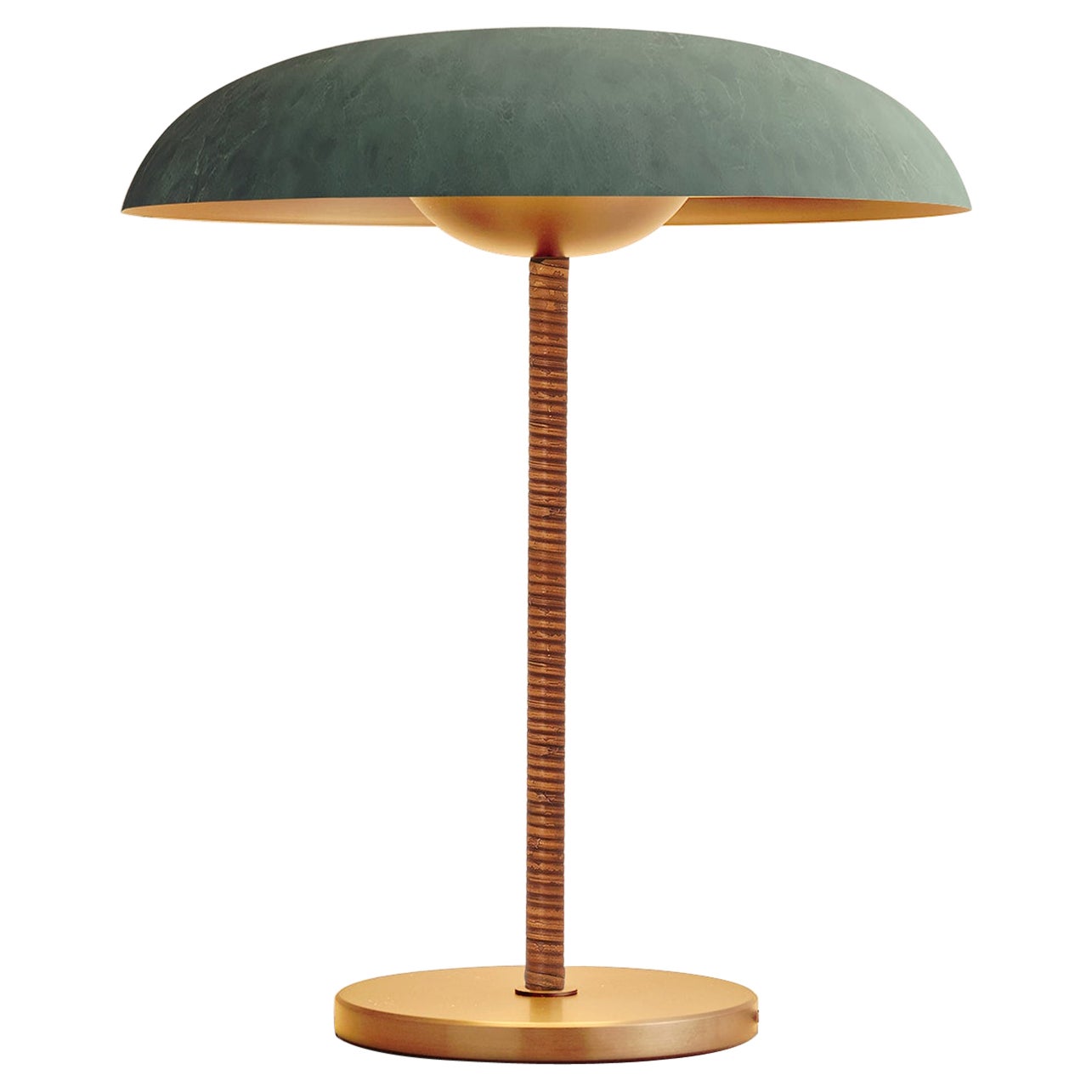Lampe de table 'Cosmic Solstice Verdigris', fabrication artisanale en laiton patiné vert-de-gris