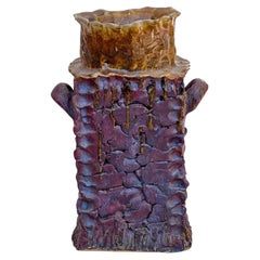 Vintage Handmade Signed Tall Square Shaped Ceramic Vase