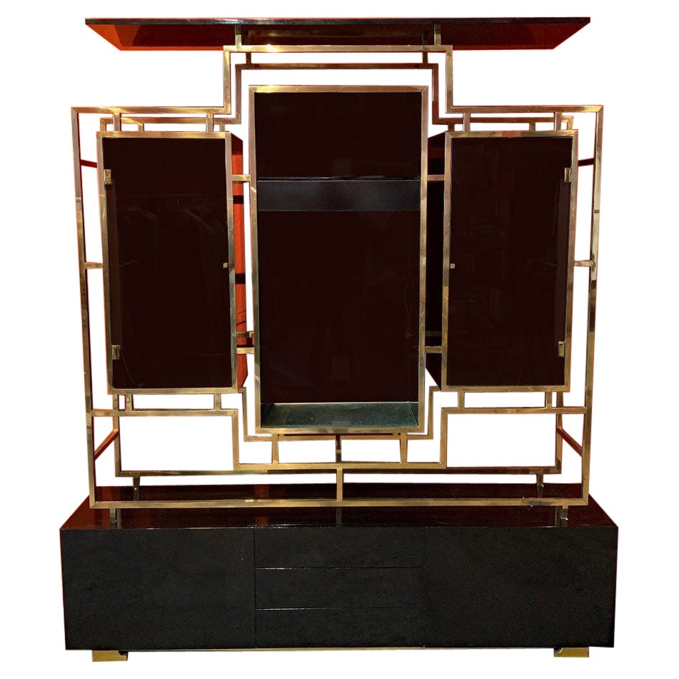 Kim Moltzer Storage Unit In Lacquered Wood, Brass, Smoked Glass 1970 For Sale