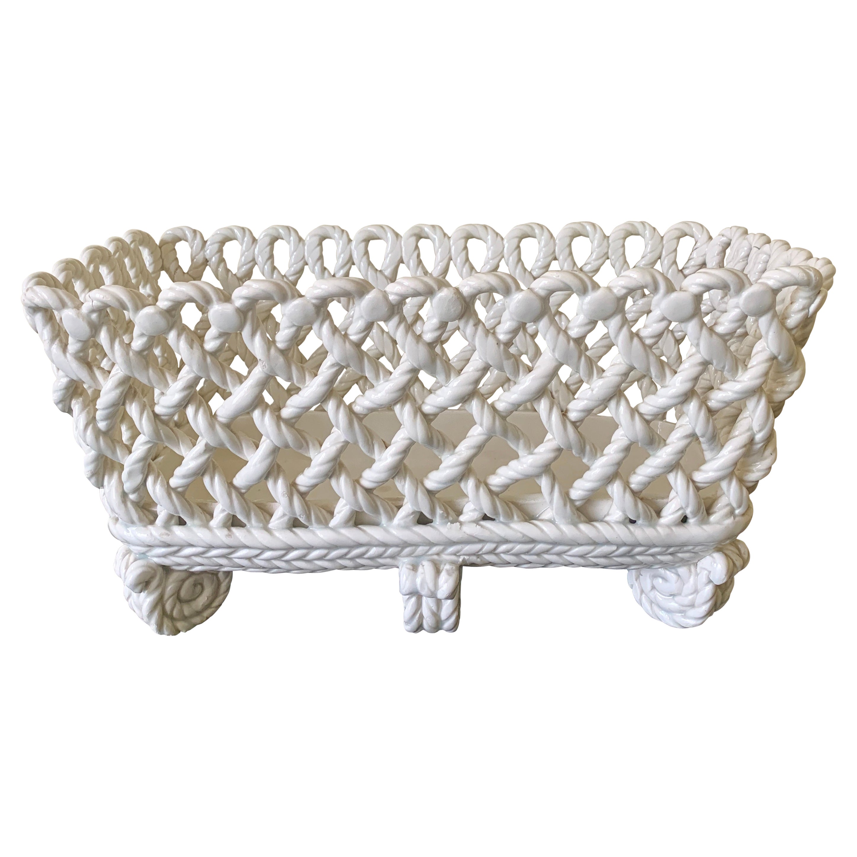 French Country White Ceramic Woven Rope Cachepot Basket For Sale