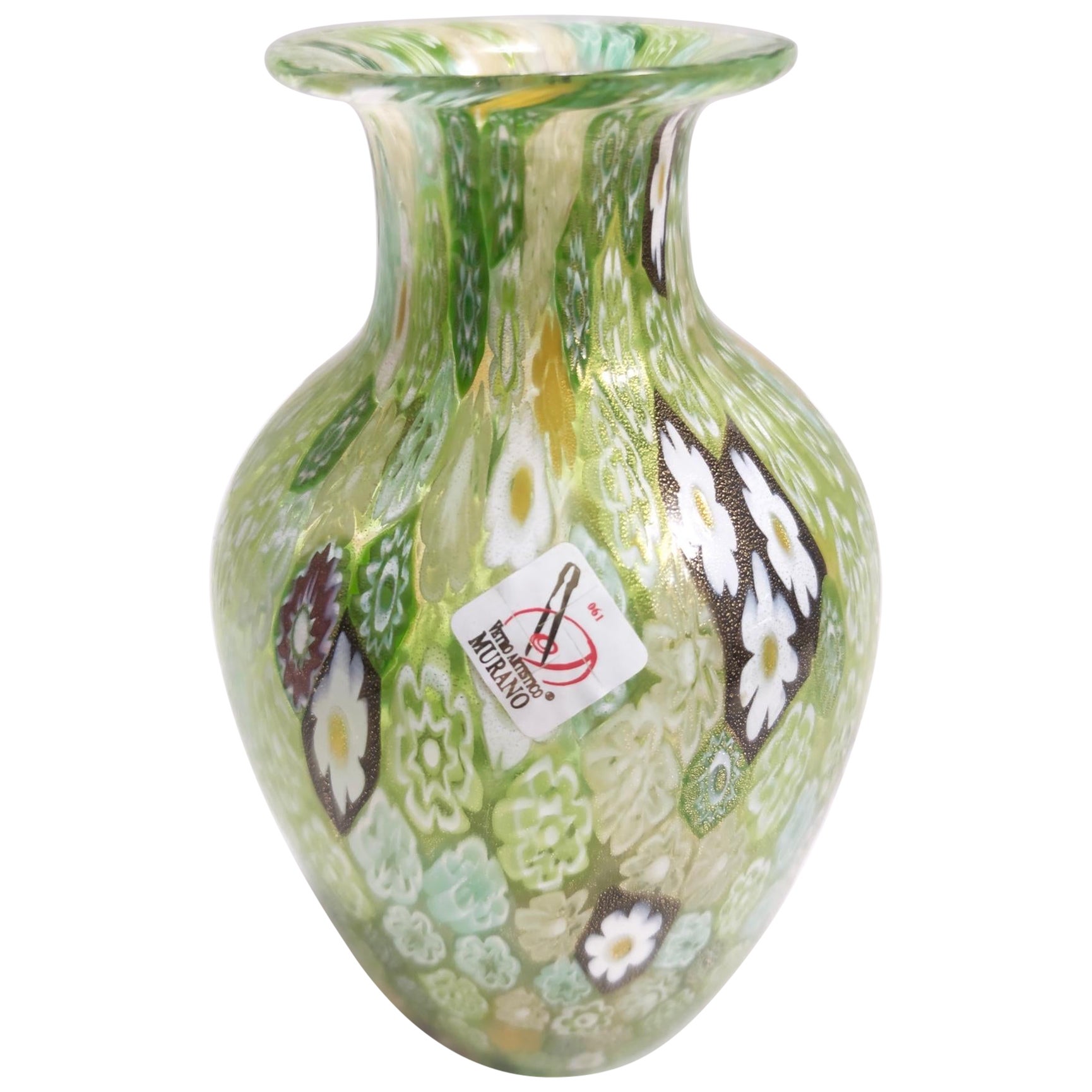 Postmodern Millefiori Green Murano Glass Vase with Murrines and Gold Leaf, Italy