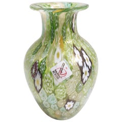 Postmodern Millefiori Green Murano Glass Vase with Murrines and Gold Leaf, Italy