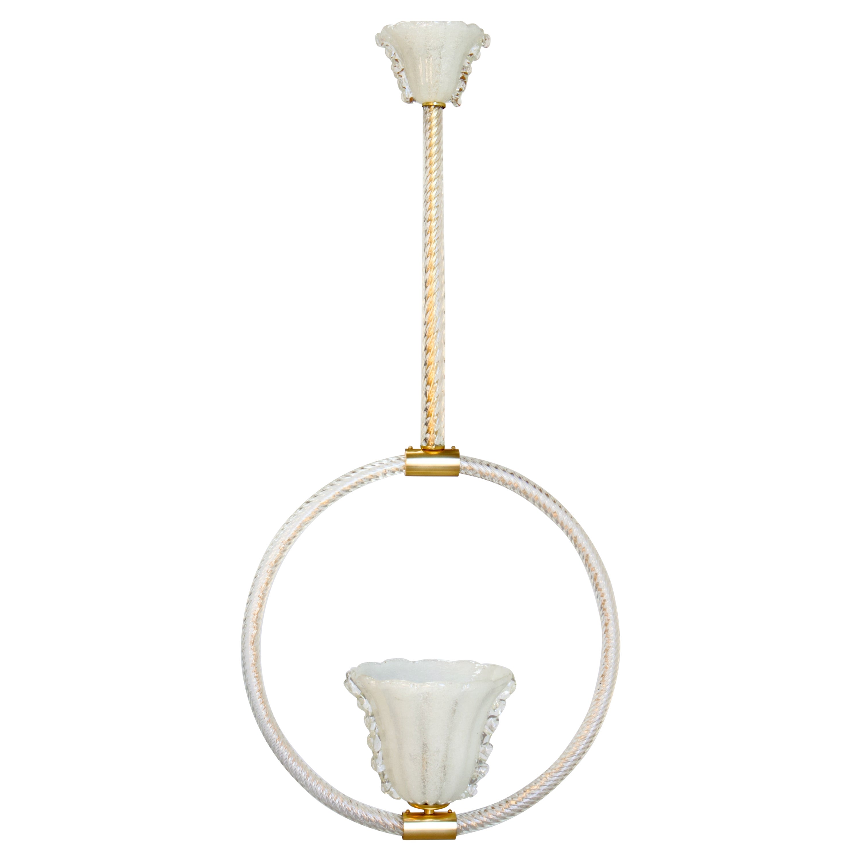 Restored Barovier Brass & Bubbled (Pulegoso) Murano Glass Pendant, Italy 1930s For Sale