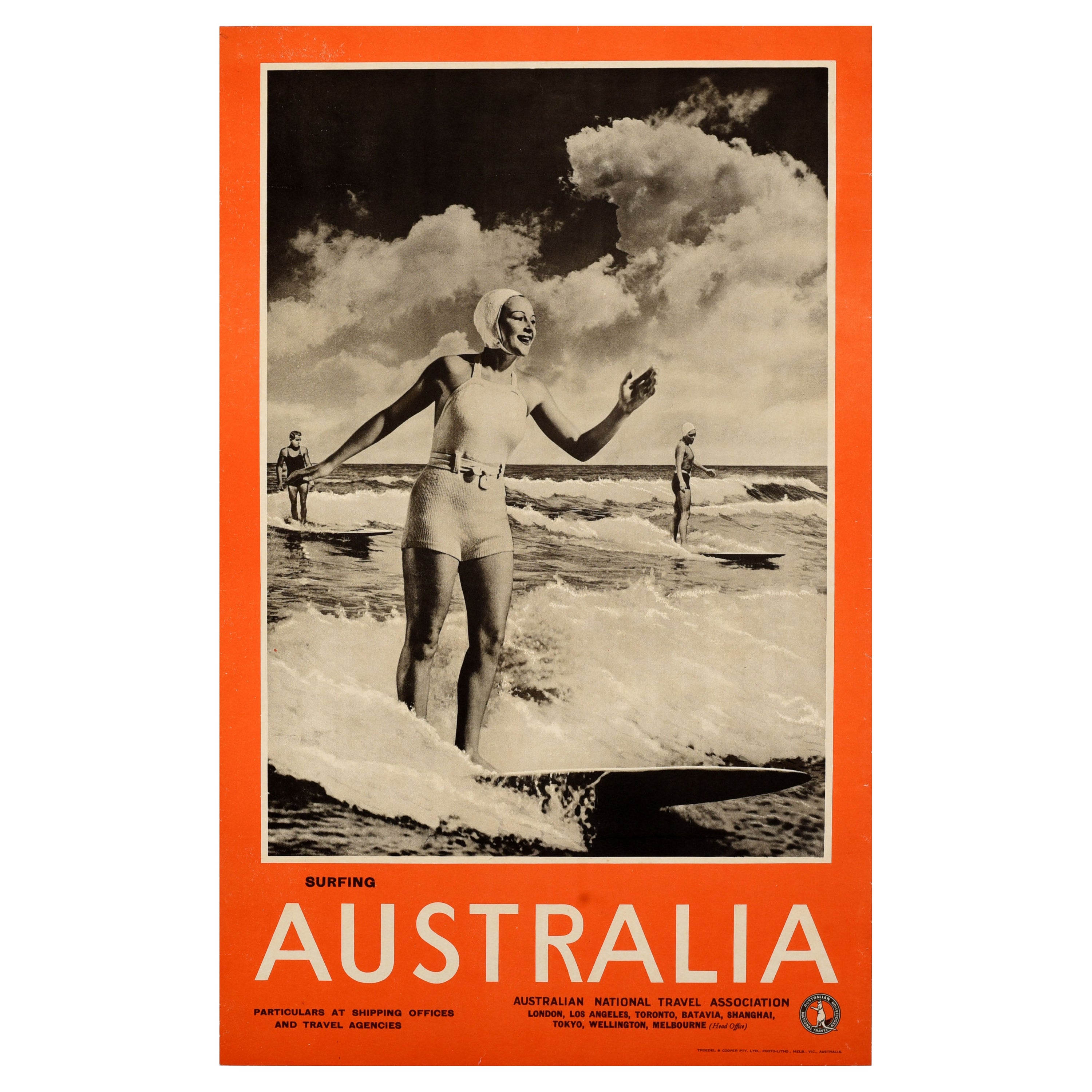 Original Vintage Water Sport Travel Poster Surfing Australia Lady Surfer Design For Sale