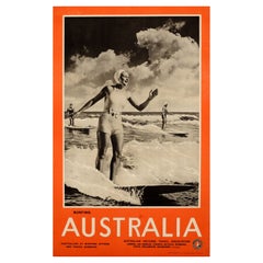 Original Antique Water Sport Travel Poster Surfing Australia Lady Surfer Design