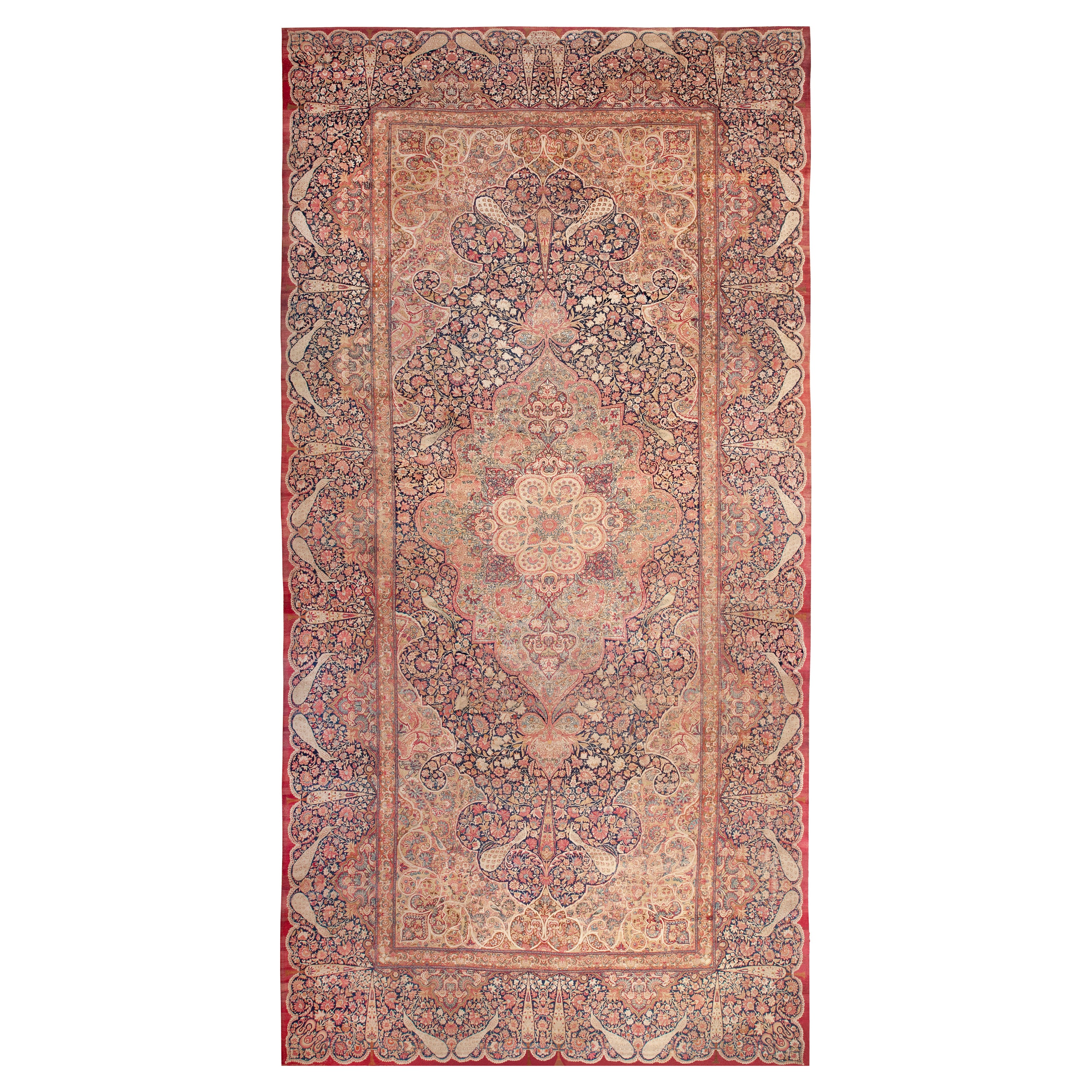 Fine And Beautiful Floral Animal Design Antique Persian Kerman Rug 14'3" x 29'8" For Sale