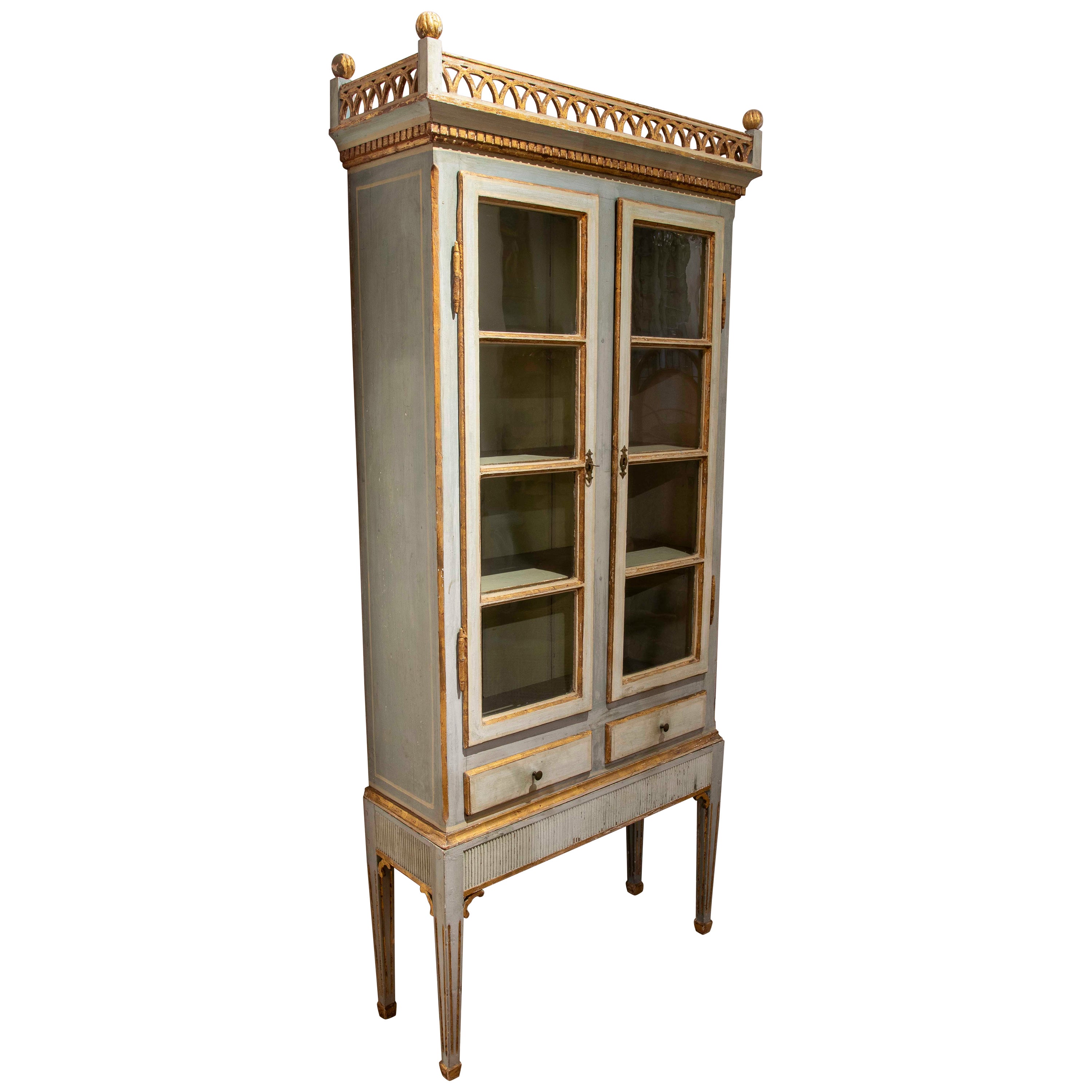 19th C. Wooden Showcase with Doors and Drawers and with its Original Polychome For Sale