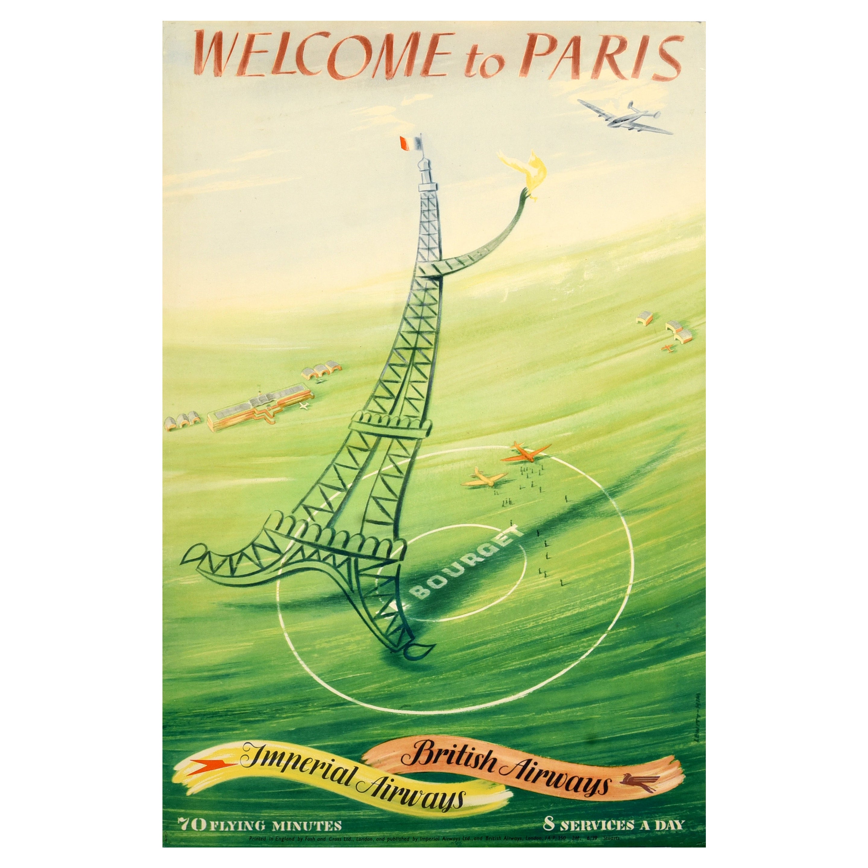 Original Vintage Travel Poster Welcome To Paris British Imperial Airways Eiffel For Sale