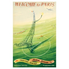 Affiche de voyage originale Bienvenue à Paris British Imperial Airways Eiffel